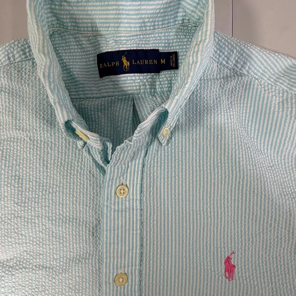 Polo Ralph Lauren Short-sleeve Blue White Seersucker Button Up Pink Pony Shirt M